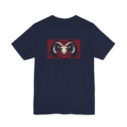 Aries - Gothic Zodiac, Red Graphic on the back T-Shirt. Zodiac in the Shadows