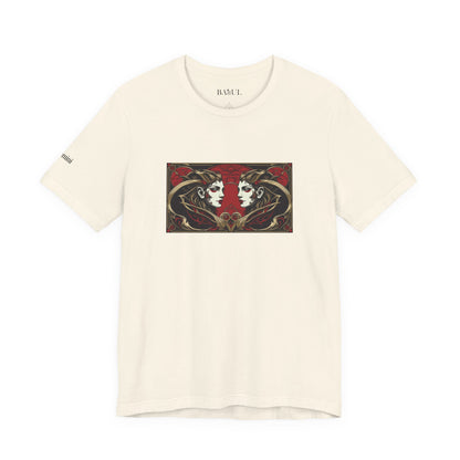 Gemini - Gothic Zodiac T-Shirt. Red graphic in front.  Zodiac in the Shadows