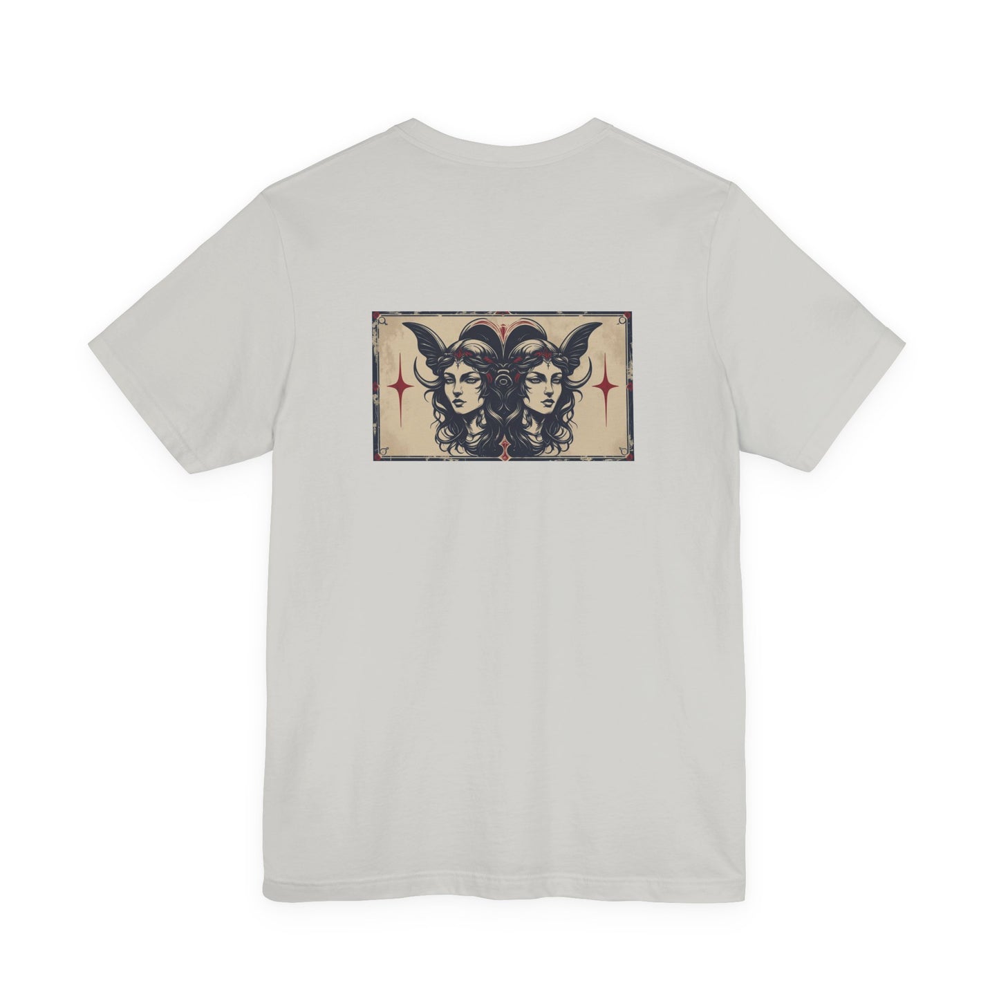 Gemelli - T-shirt con segno zodiacale gotico. Grafica blu sul retro. Segno zodiacale nell'ombra.