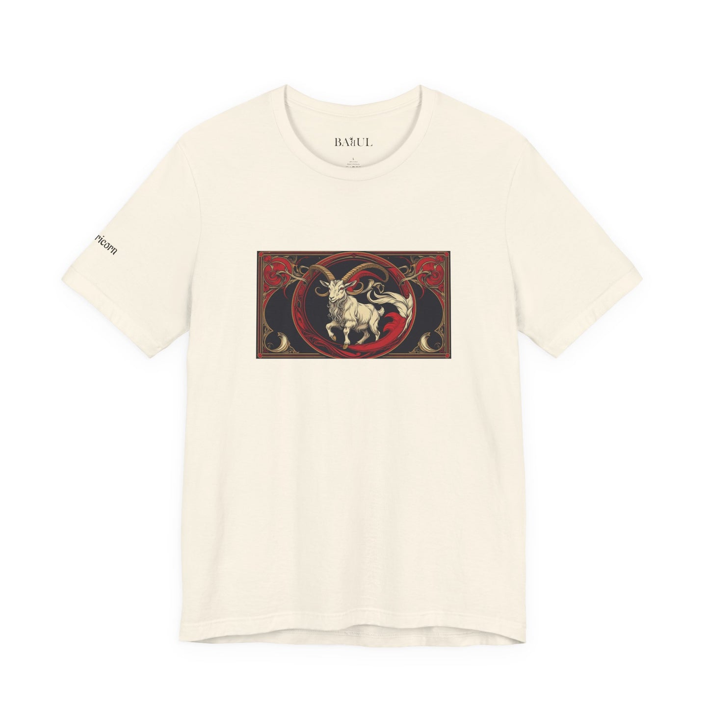 Capricorn - Gothic Zodiac T-Shirt. Red graphic in front. Zodiac in the Shadows