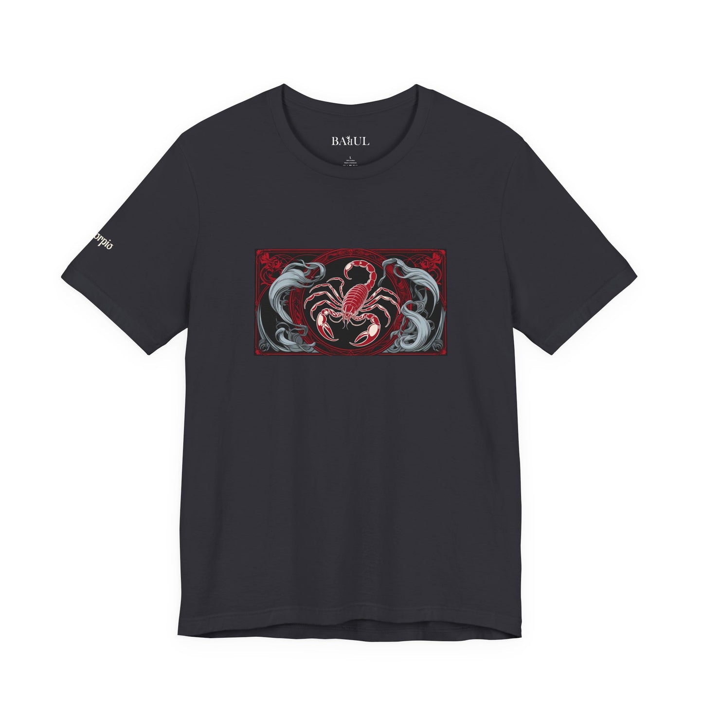 Scorpio - Gothic Zodiac T-Shirt. Red graphic in front. Zodiac in the Shadows