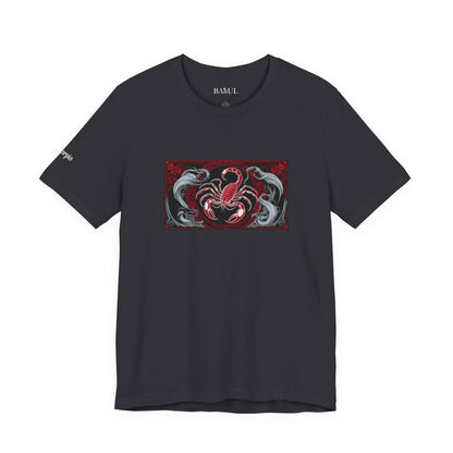 Scorpio - Gothic Zodiac T-Shirt. Red graphic in front. Zodiac in the Shadows
