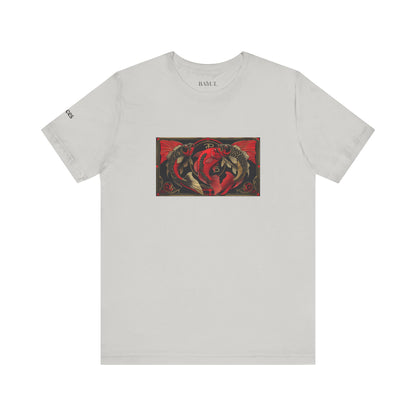 Pisces - Gothic Zodiac T-Shirt. Red graphic in front.  Zodiac in the Shadows