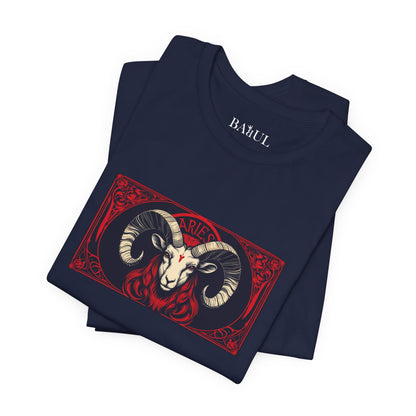Aries - Gothic Zodiac T-Shirt. Red graphic in front.  Zodiac in the Shadows