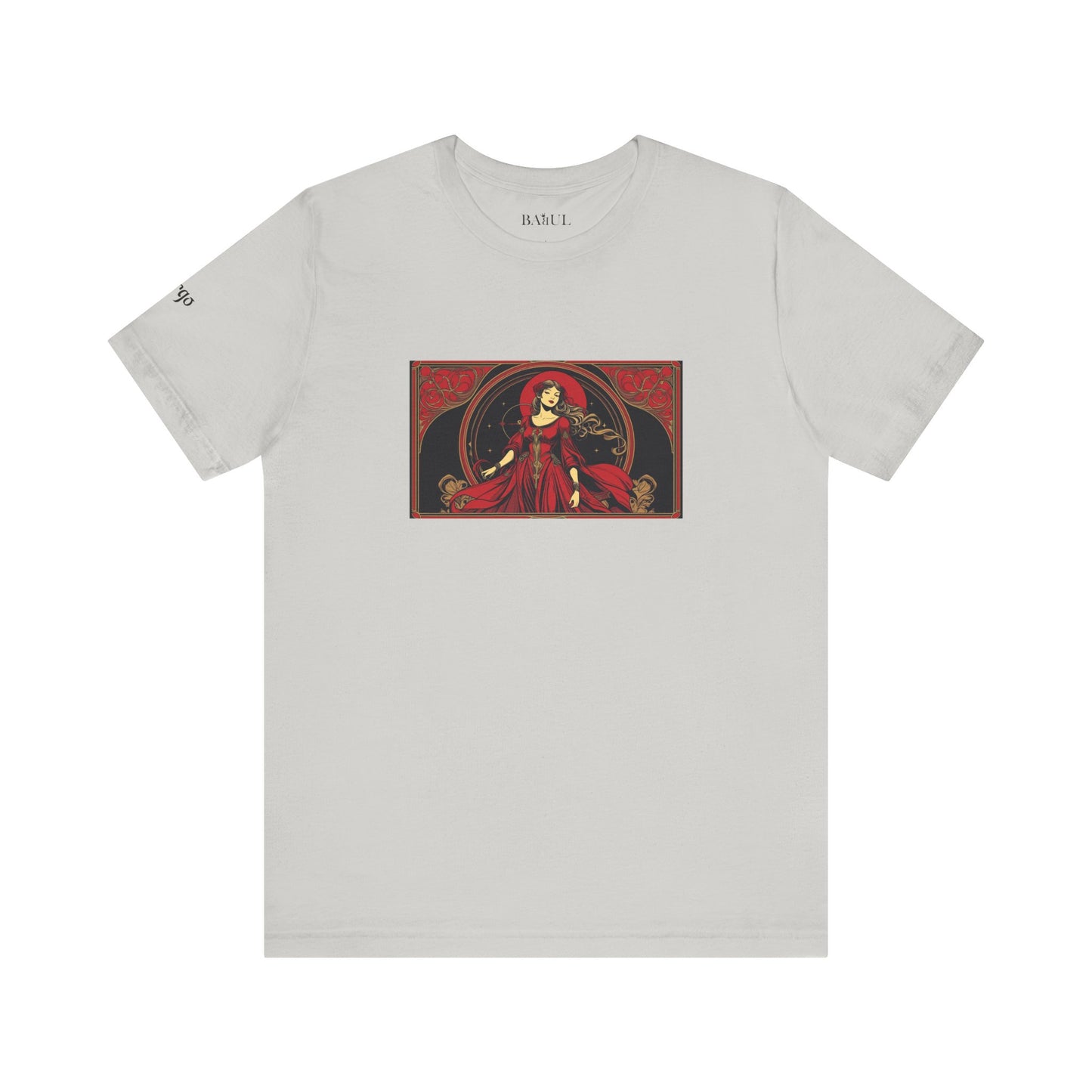 Virgo - Gothic Zodiac T-Shirt. Red graphic in front.  Zodiac in the Shadows