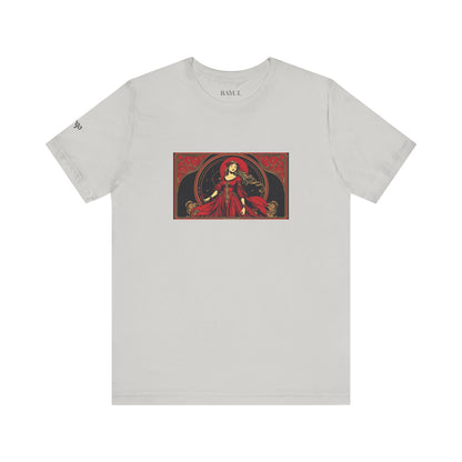 Virgo - Gothic Zodiac T-Shirt. Red graphic in front.  Zodiac in the Shadows