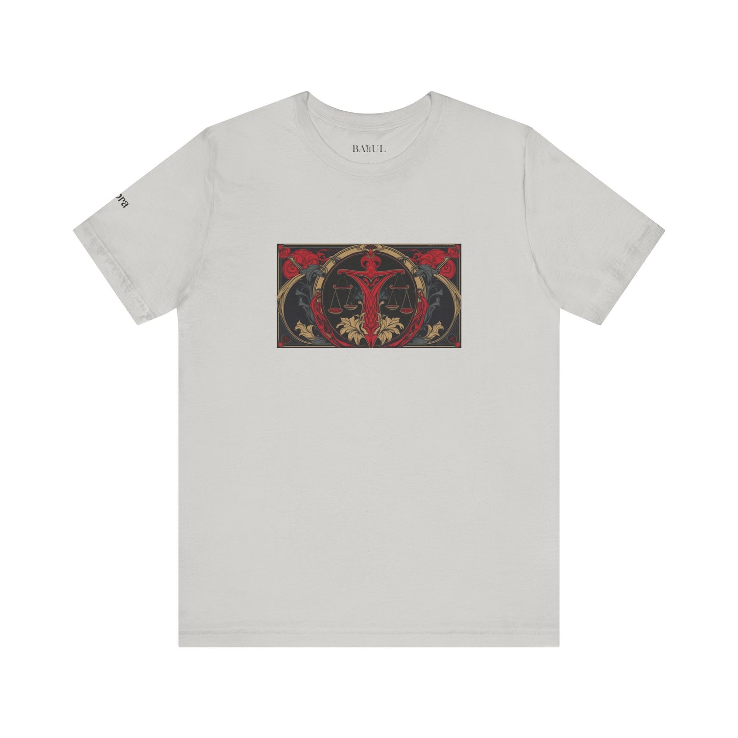 Libra - Gothic Zodiac T-Shirt. Red graphic in front.  Zodiac in the Shadows