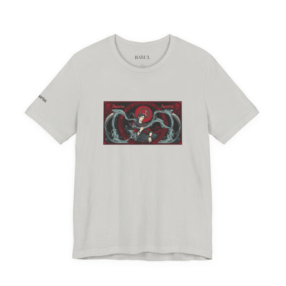 Aquarius - Gothic Zodiac T-Shirt. Red graphic in front.  Zodiac in the Shadows