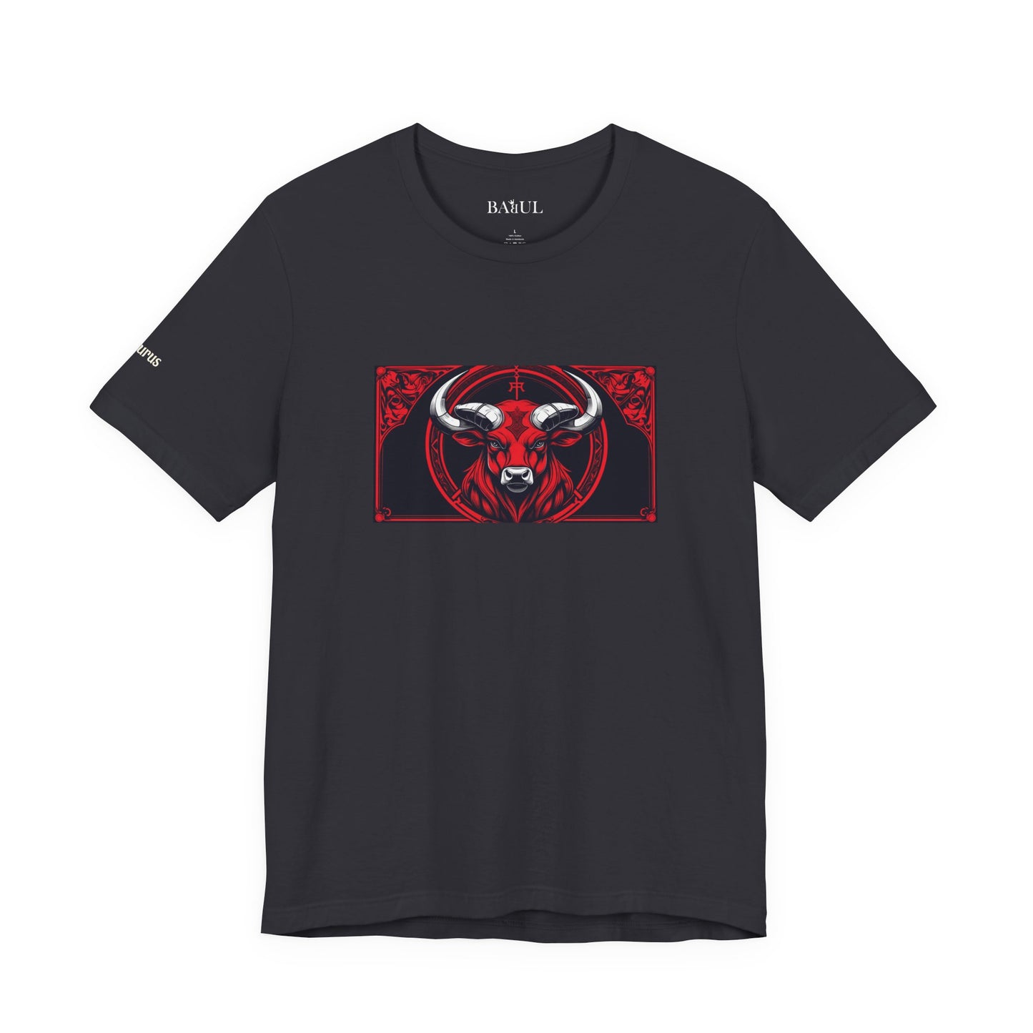 Taurus - Gothic Zodiac T-Shirt. Red graphic in front.  Zodiac in the Shadows