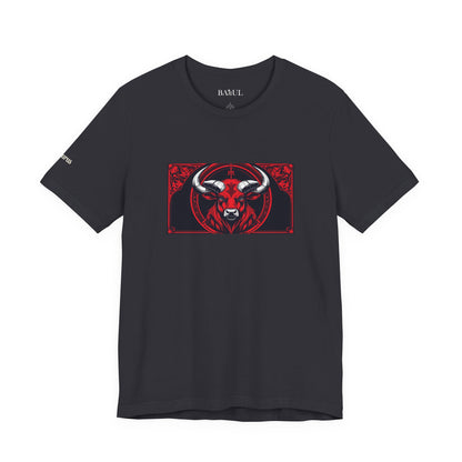 Taurus - Gothic Zodiac T-Shirt. Red graphic in front.  Zodiac in the Shadows