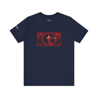 Sagittarius - Gothic Zodiac T-Shirt. Red graphic in front.  Zodiac in the Shadows